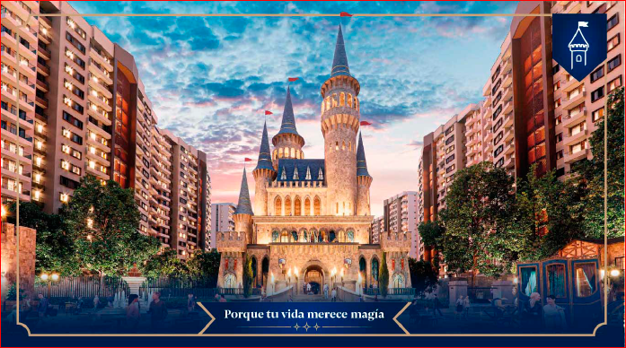Castle surrounded by modern buildings at sunset, with text "Porque tu vida merece magia" at the bottom.