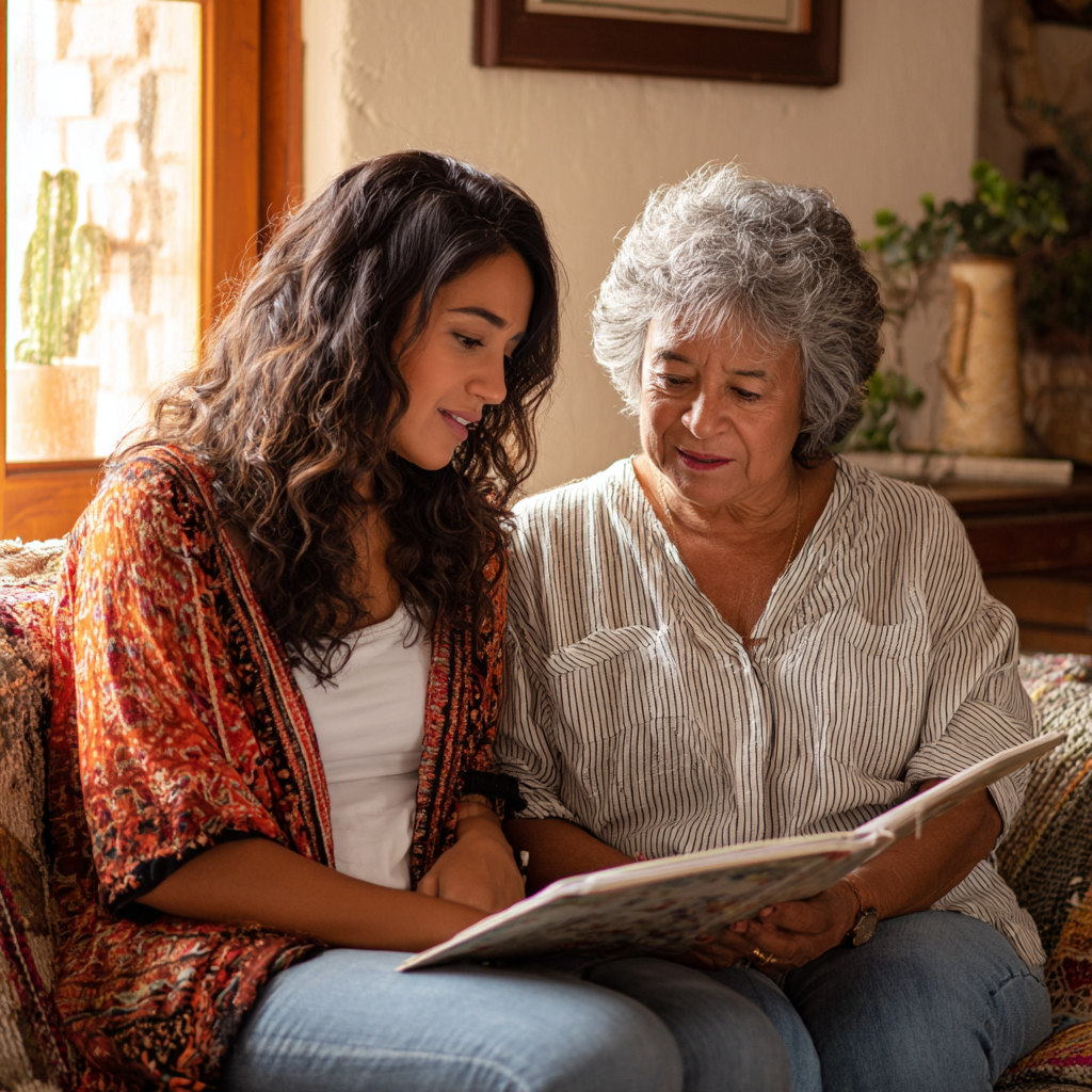 A realistic photo of an elderly Latina woman and her caregiver