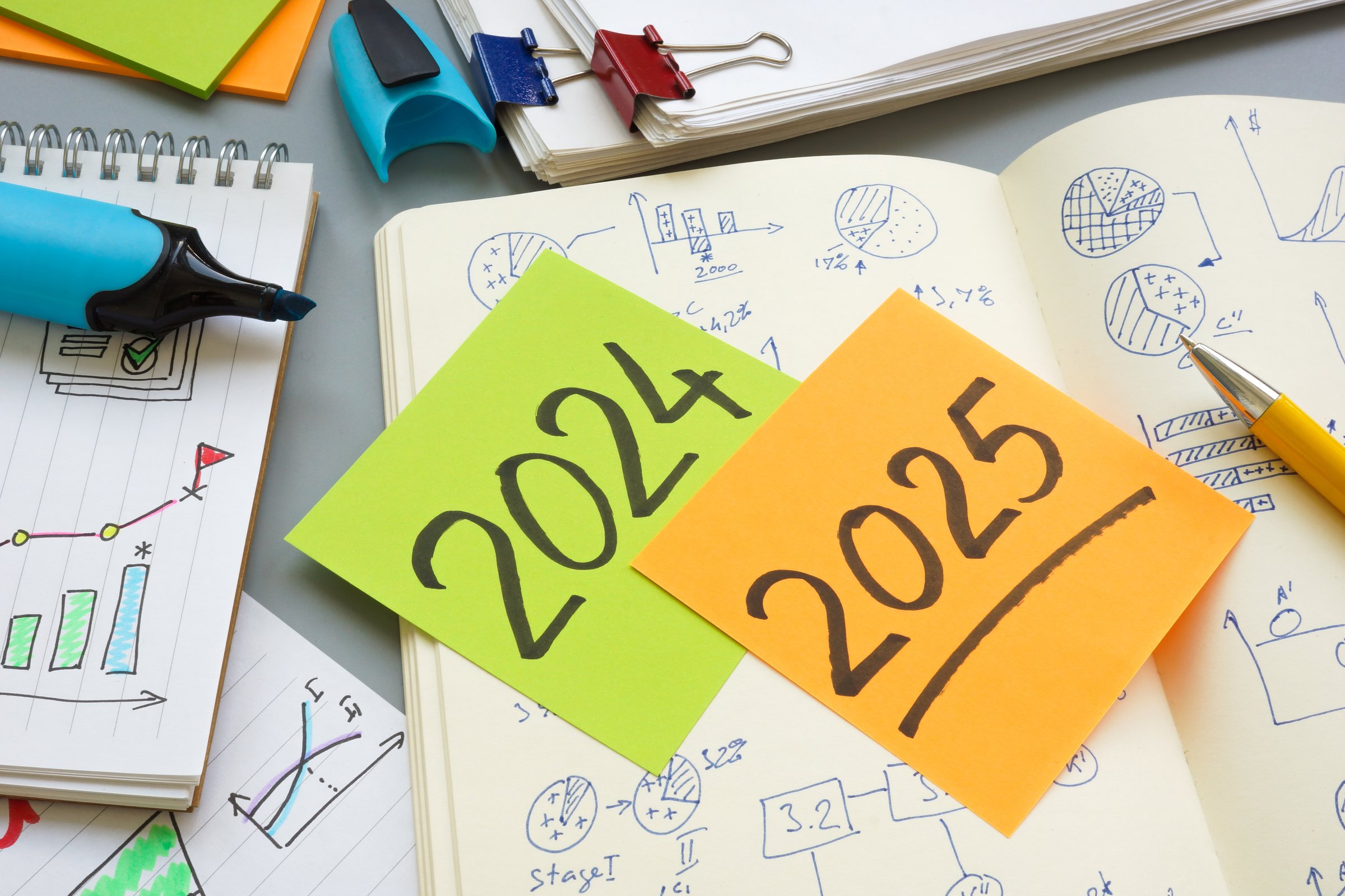 Business notes with financial plans for 2024 and 2025.