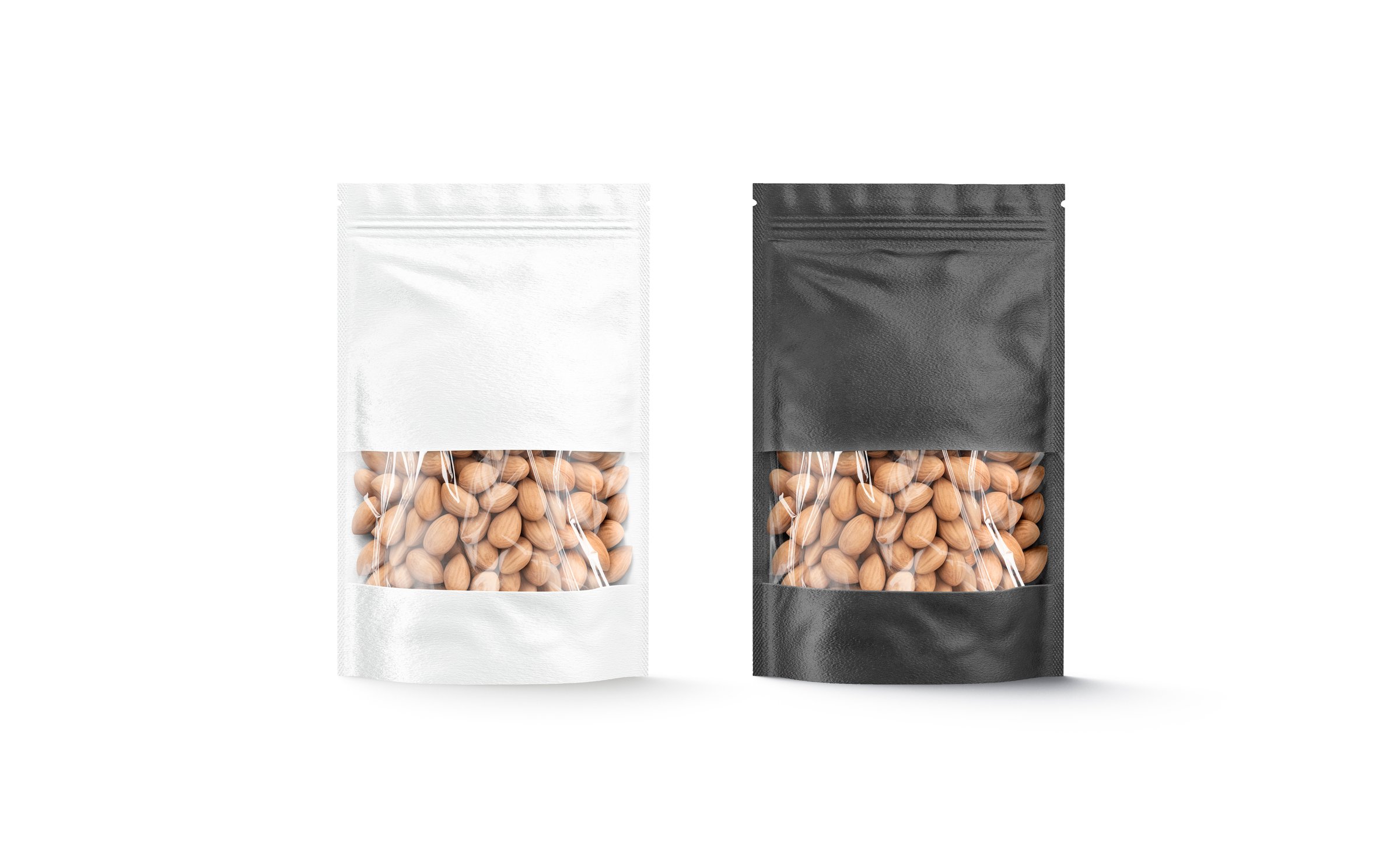 Blank black and white zipper pouch with nuts mockup, isolated, 3d rendering. Empty paper sachet pouch for hazelnut mock up, front view. Clear vacuum package with zip for food packaging template.