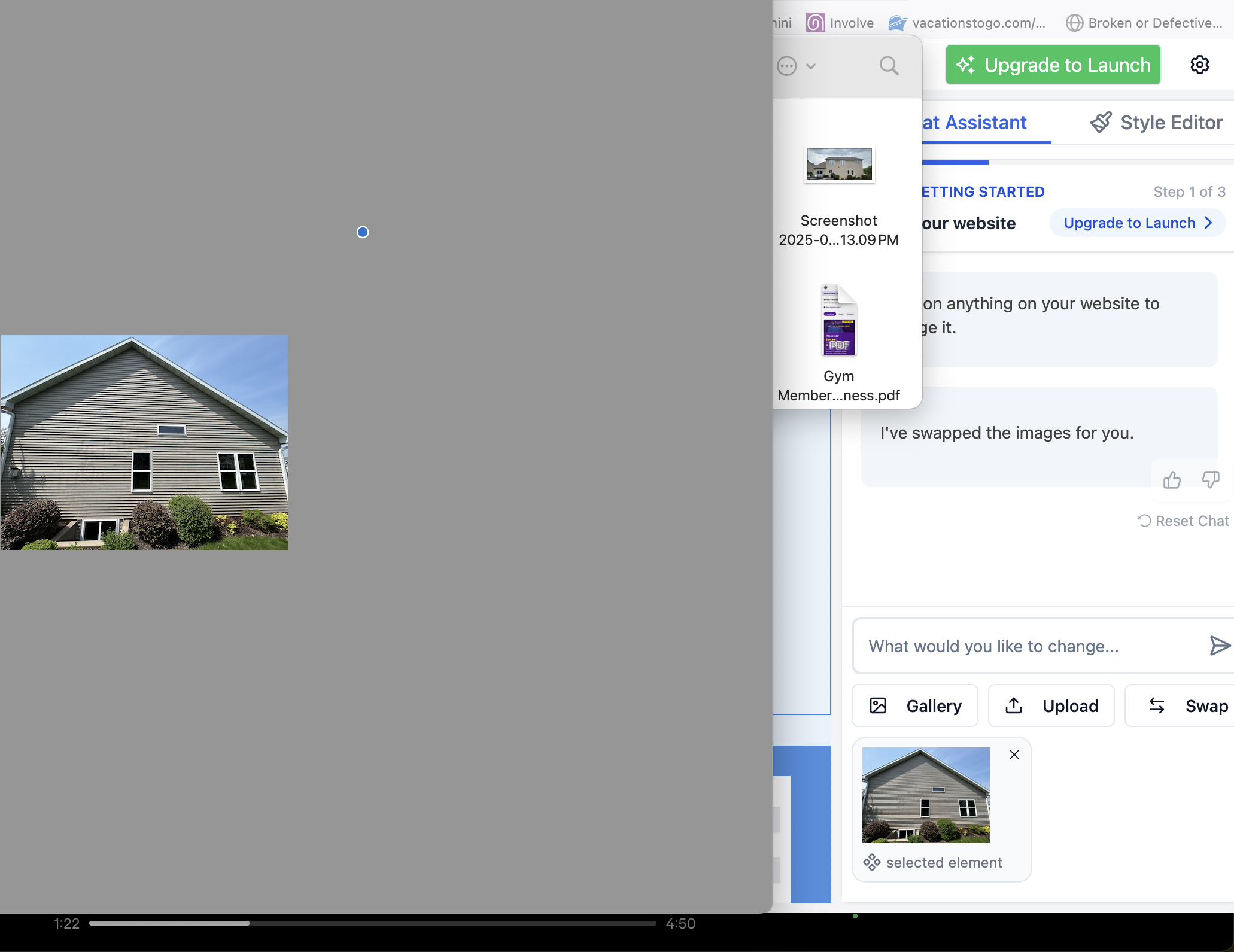 Screenshot of a website editor displaying a gray house with a sloped roof and shrubs in front, alongside a menu and chat interface.