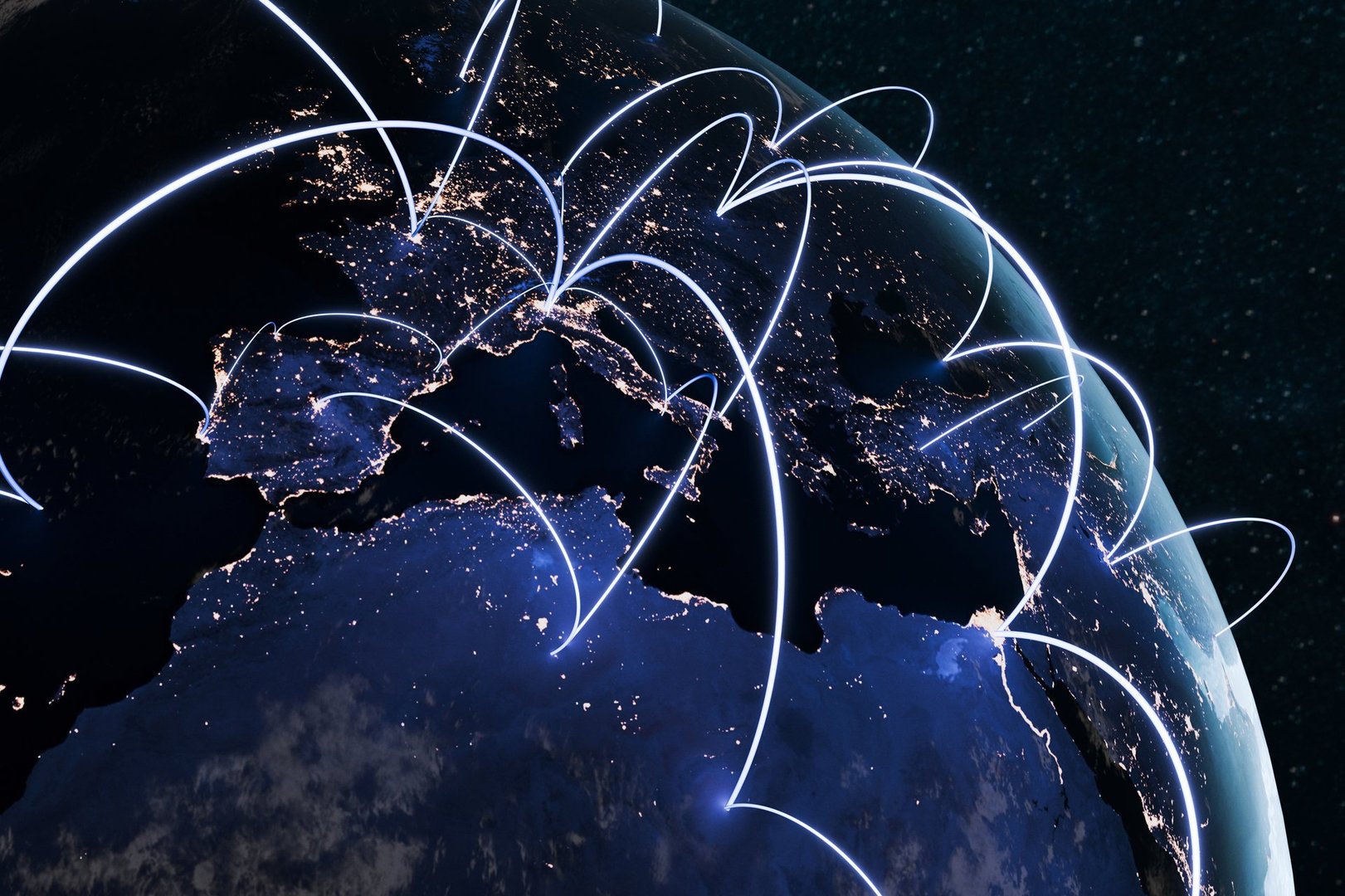Global communication network visualized on Earth at night, with glowing connection lines across continents, symbolizing internet, technology, and worldwide connectivity. Creative idea, fintech.
https://eoimages.gsfc.nasa.gov/images/imagerecords/144000/144897/BlackMarble_2016_01deg_gray.jpg