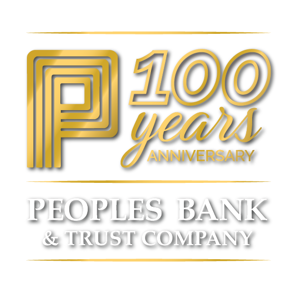 Logo celebrating Peoples Bank &amp; Trust Companys 100th anniversary with stylized text and gold accents.