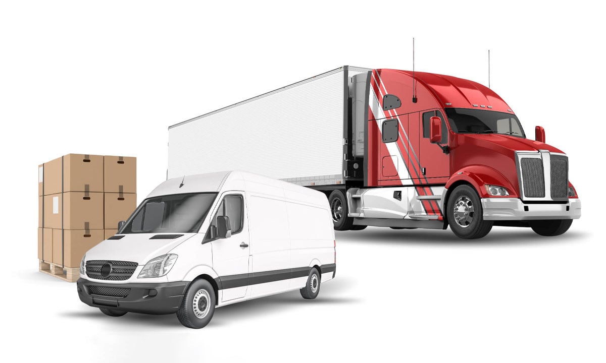 A red semi-truck, white delivery van, and stacked boxes on a wooden pallet against a white background.