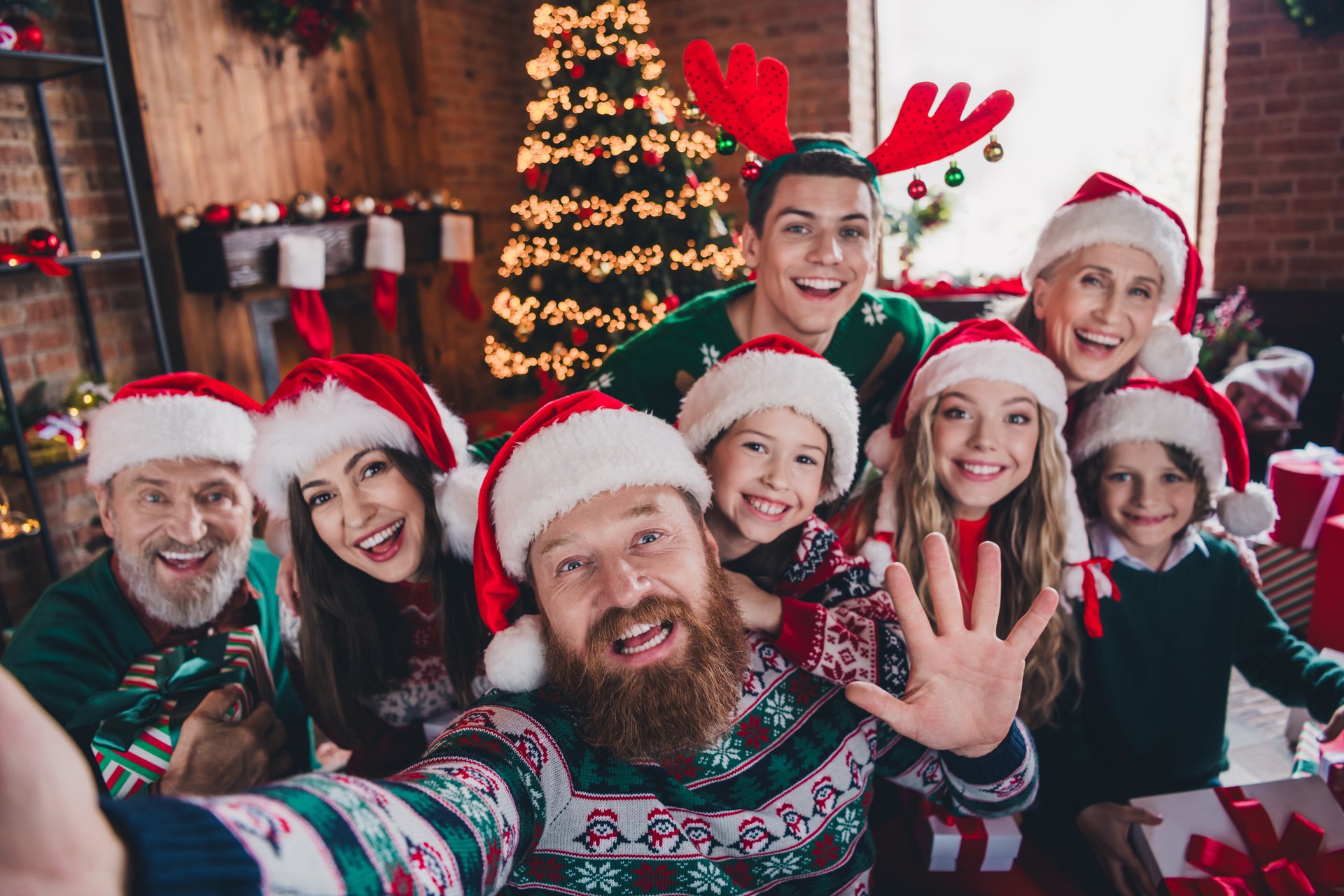 Portrait of friendly peaceful family make selfie arm wave hi gather celebrate new year xmas flat indoors.