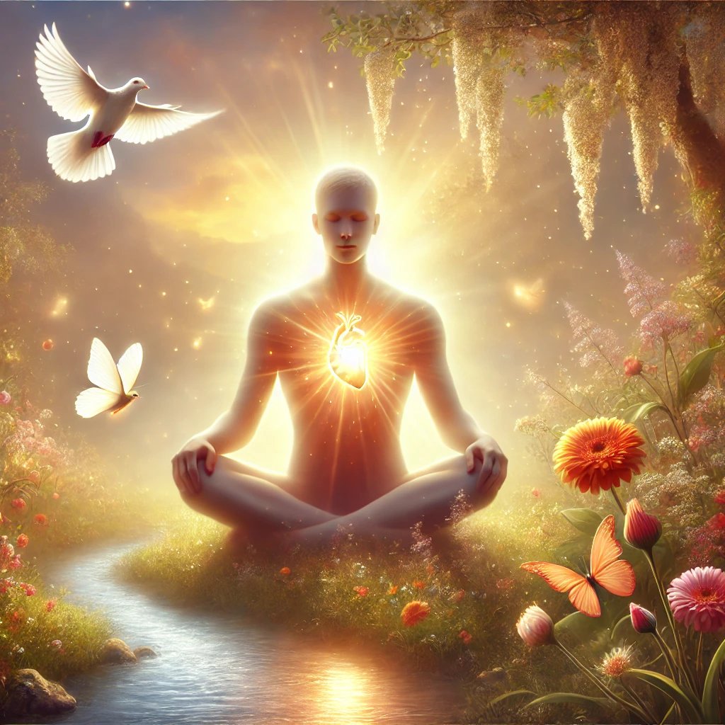 A serene figure meditating by a stream, surrounded by glowing flowers, butterflies, and a dove in an ethereal landscape.
