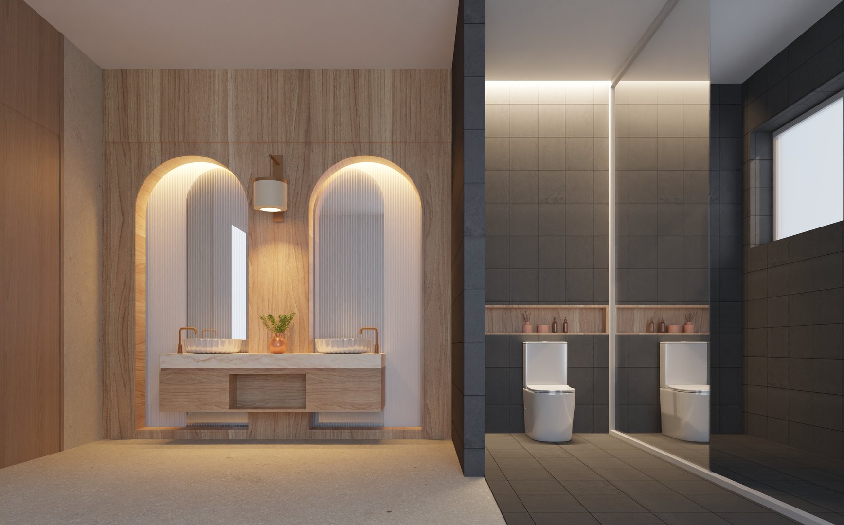 Modern bathroom interior with dual vanity sinks, arched mirrors, warm wood textures, and a minimalist toilet area. Elegant lighting and contemporary design create a cozy, spa-like atmosphere.3d render