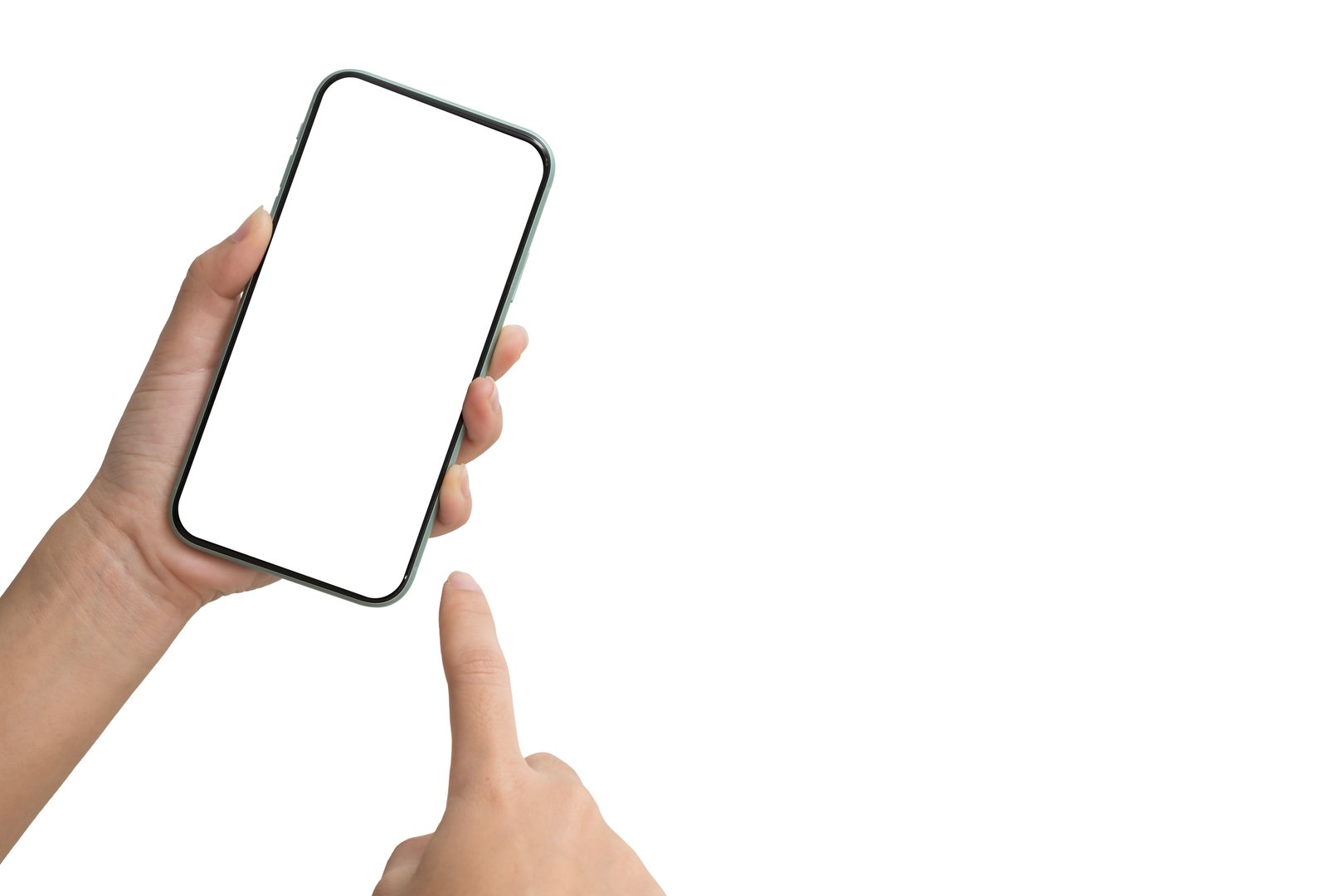 A personâs hand holding a smartphone with a blank white screen while another finger points at the screen. Isolated on white background. Ideal for app presentation, UI mockup, or digital interface demo