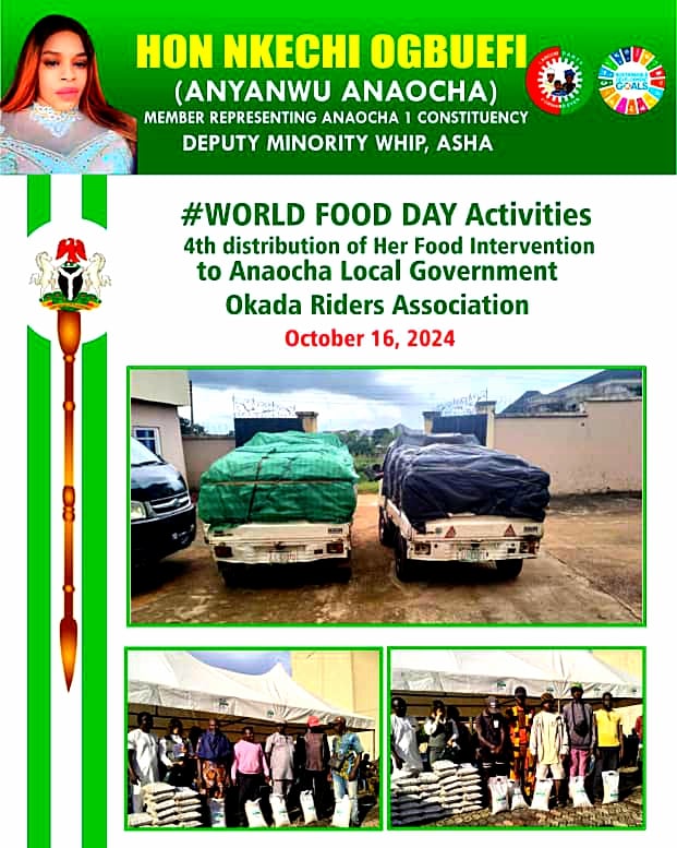 Poster for World Food Day 2024, featuring food distribution event with trucks and people at Anaocha Local Government.