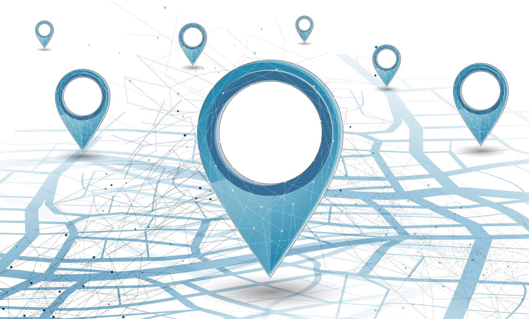 One big abstract pin icon on the city map with a few small pins. Transportation delivery, map location, transport logistics, tourism navigation, concept. Gps navigation, new location. Blue background