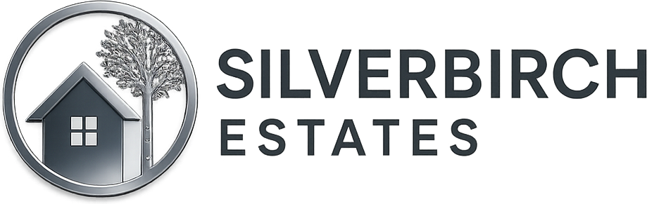 Silverbirch Estates logo featuring a house and tree in a circle, with text on a metallic gradient background.
