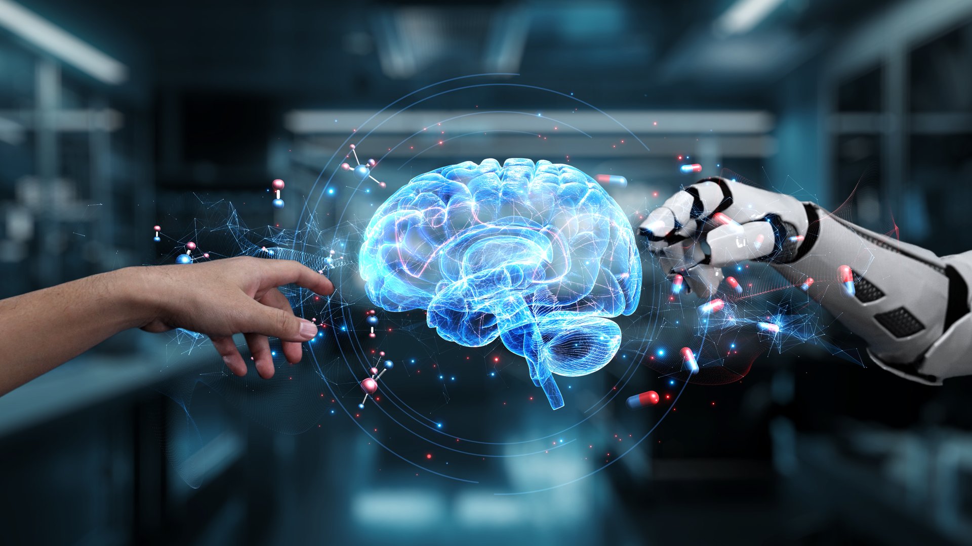 Robot and human reaching hand and pointing finger with brain icon floating. Close up of robotic hand and human working together while pointing finger with blurring laboratory background. Salubrious.