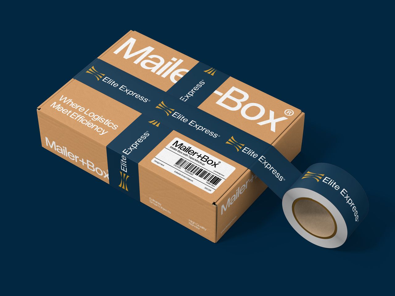A branded cardboard package with "Elite Express: Mailer Box" printed tape, showcasing shipping and logistics branding.