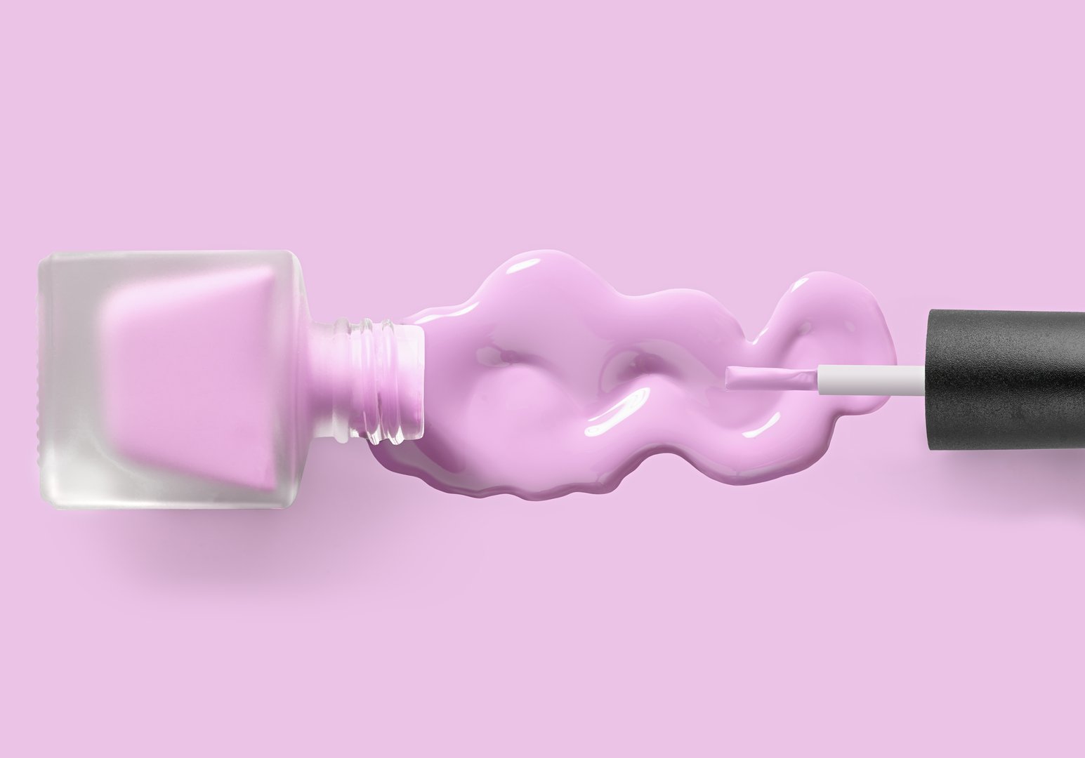 Spilled pink nail polish with bottle and brush on purple background, top view