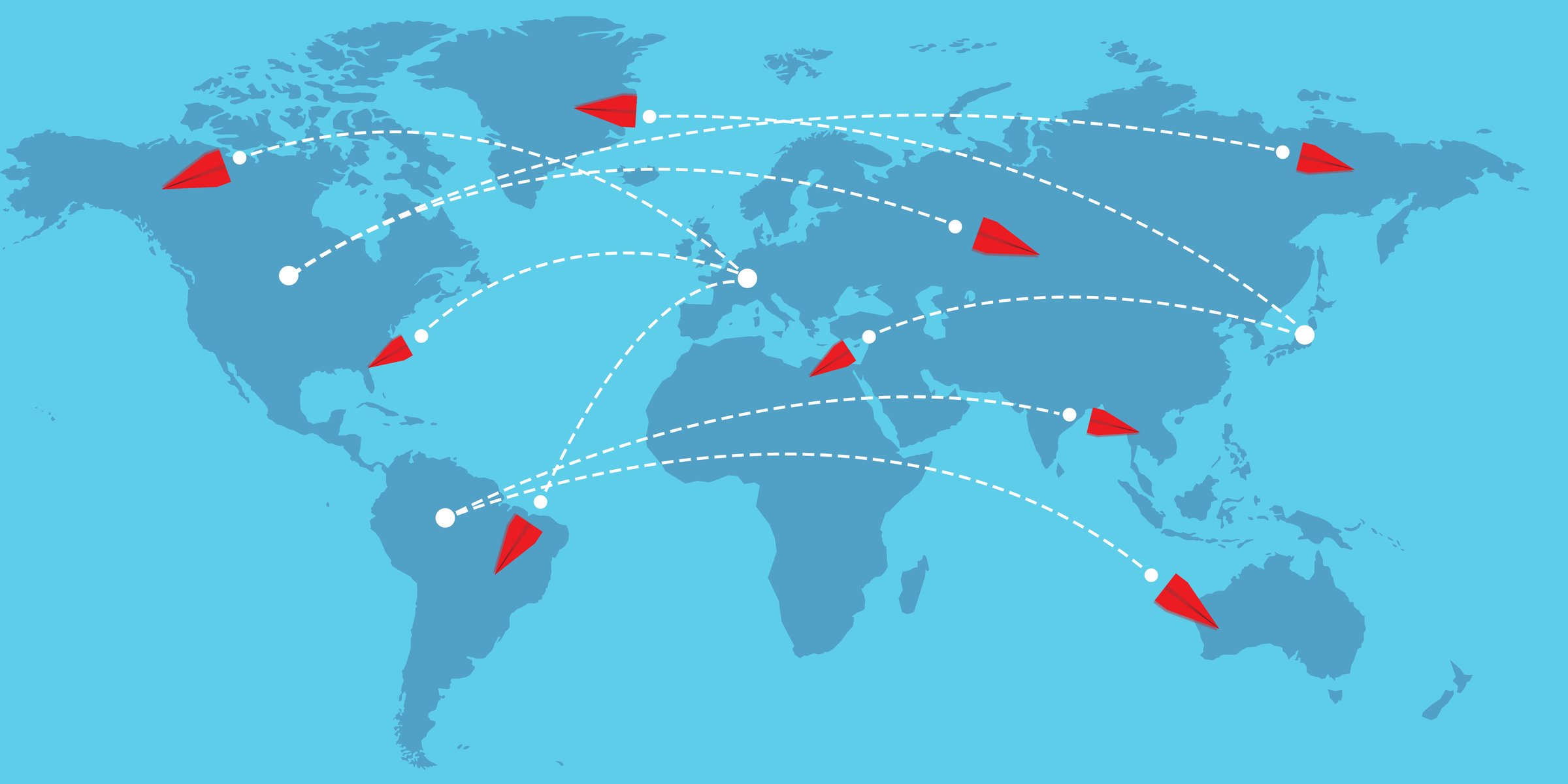 Around the world via aircraft travel concept, Global transport connectivity routes, Planes routes red flying over world map, Tourism and travel concept, Dotted lines and location icons.
