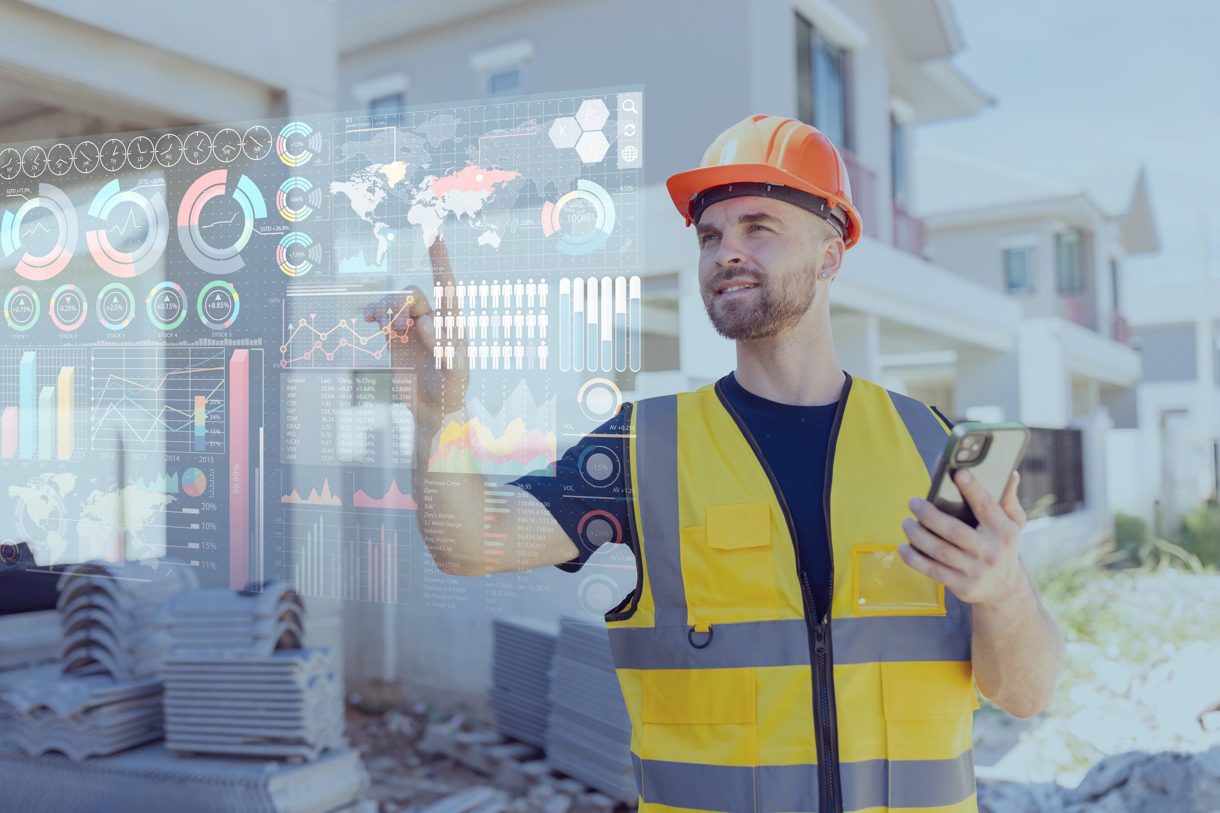 Engineer builder worker using advance technology digital hologram infographics touch panel in housing construction industry.