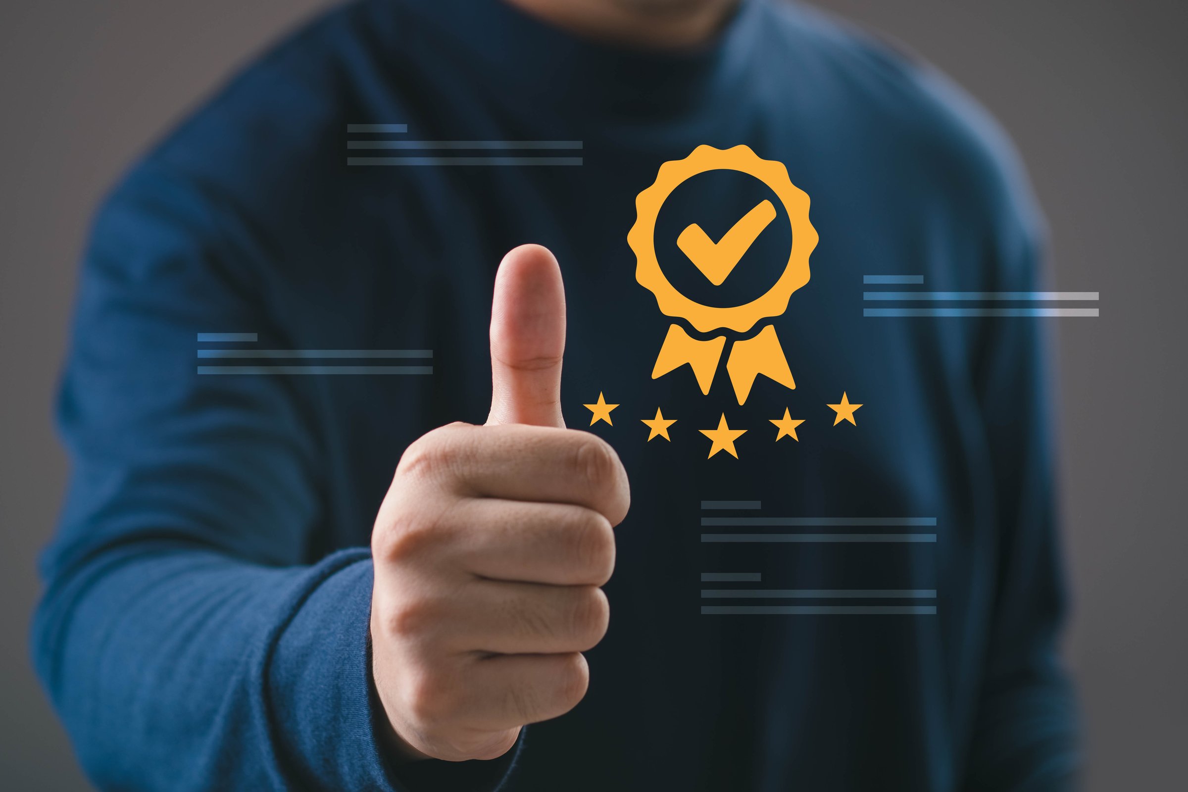 Quality assurance and satisfaction concept showing a person giving a thumbs up with a golden check mark badge and five stars, symbolizing trust, high standard, certification, and customer satisfaction.