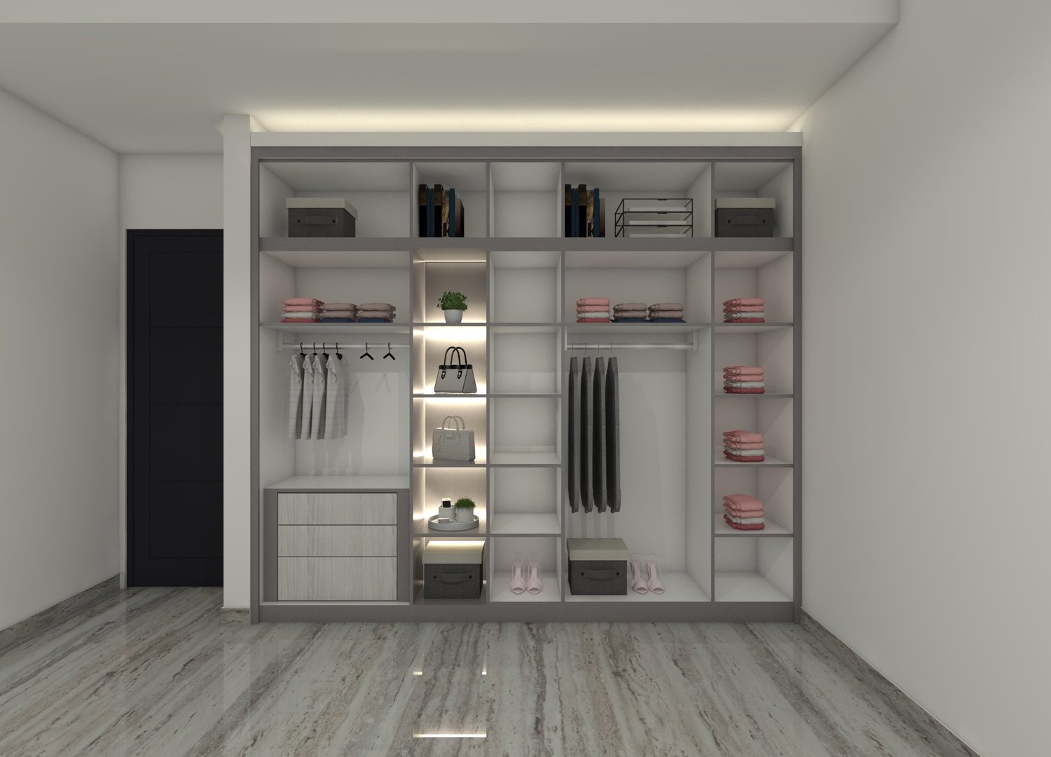 Functional 3D design of an open wardrobe with storage shelves, hanging space, and drawers.