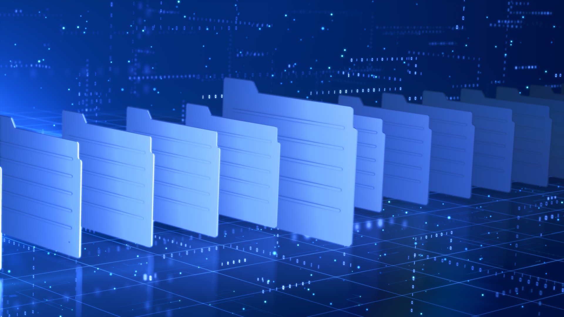 Digital file folders in a futuristic cyber environment represent data storage, cloud computing, document management, and file organization technology. Digital big data abstract background 3d Rendering