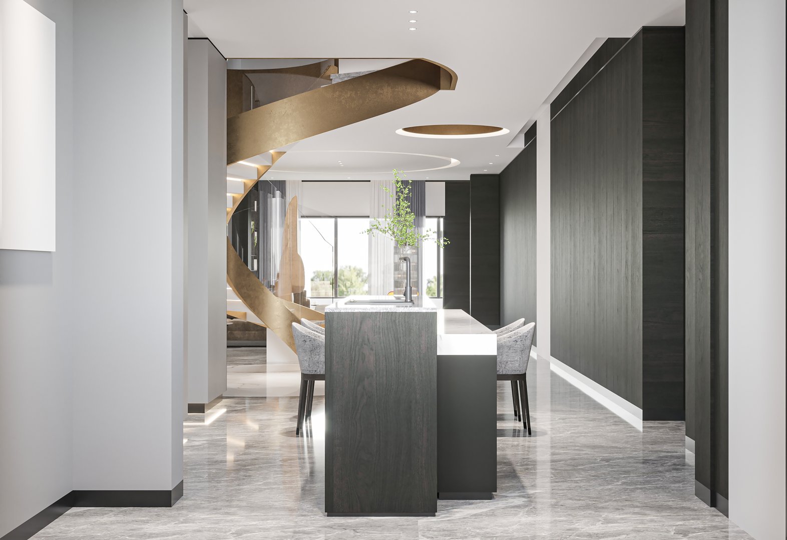 Sleek Kitchen Island-Dark Cabinetry, Marble Counter, and Dining Area