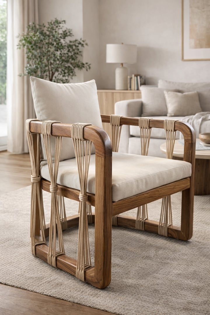 Silla individual tipo lounge con estructura de madera de líneas rectas y esquinas redondeadas, patas tipo marco en forma de U, laterales con tejido de cuerda beige tipo macramé, cojines sueltos en tela color crudo/arena