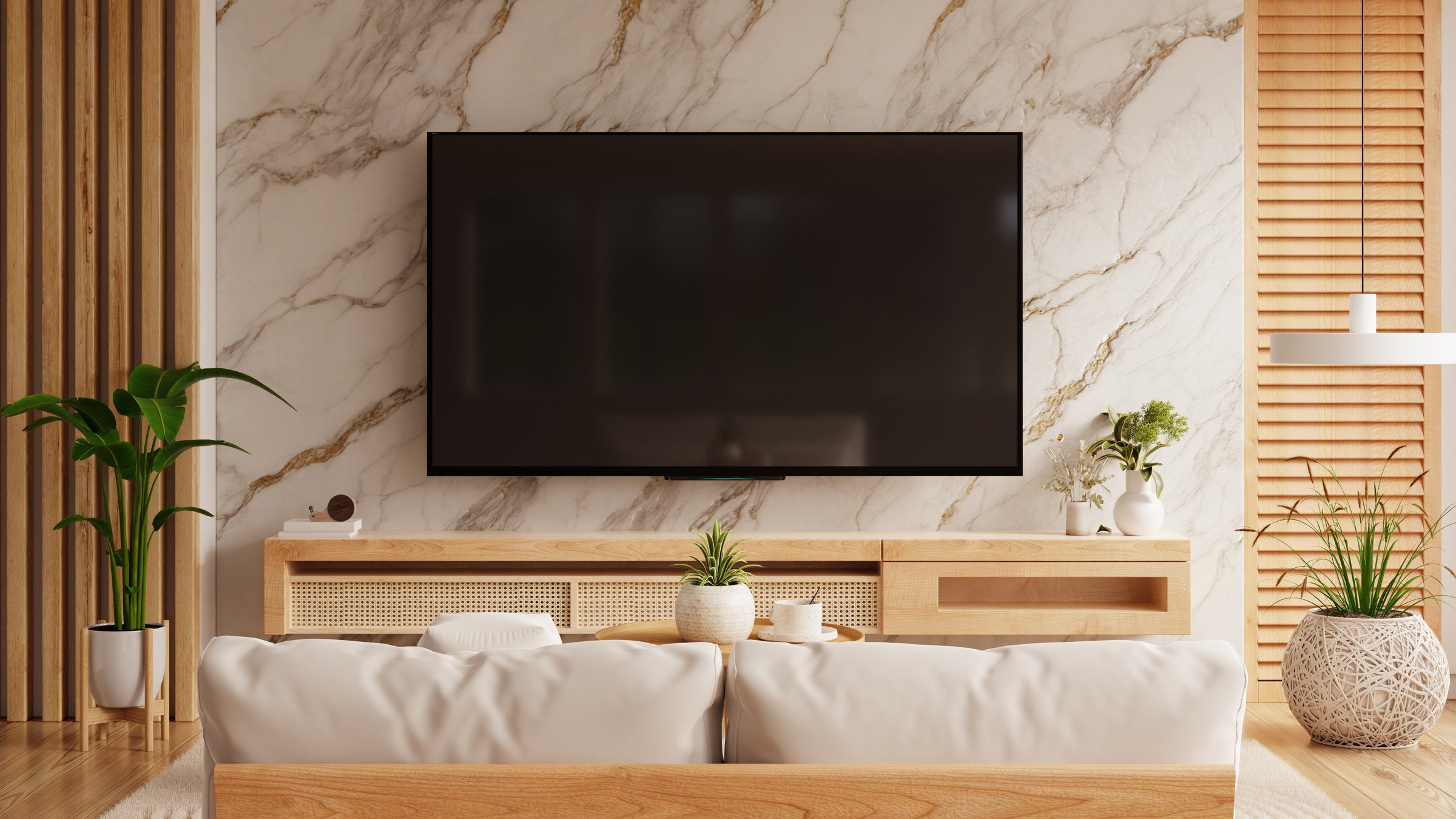 The living room features a large wall-mounted TV and a stylish wooden console, creating a cozy and modern atmosphere- 3D rendering