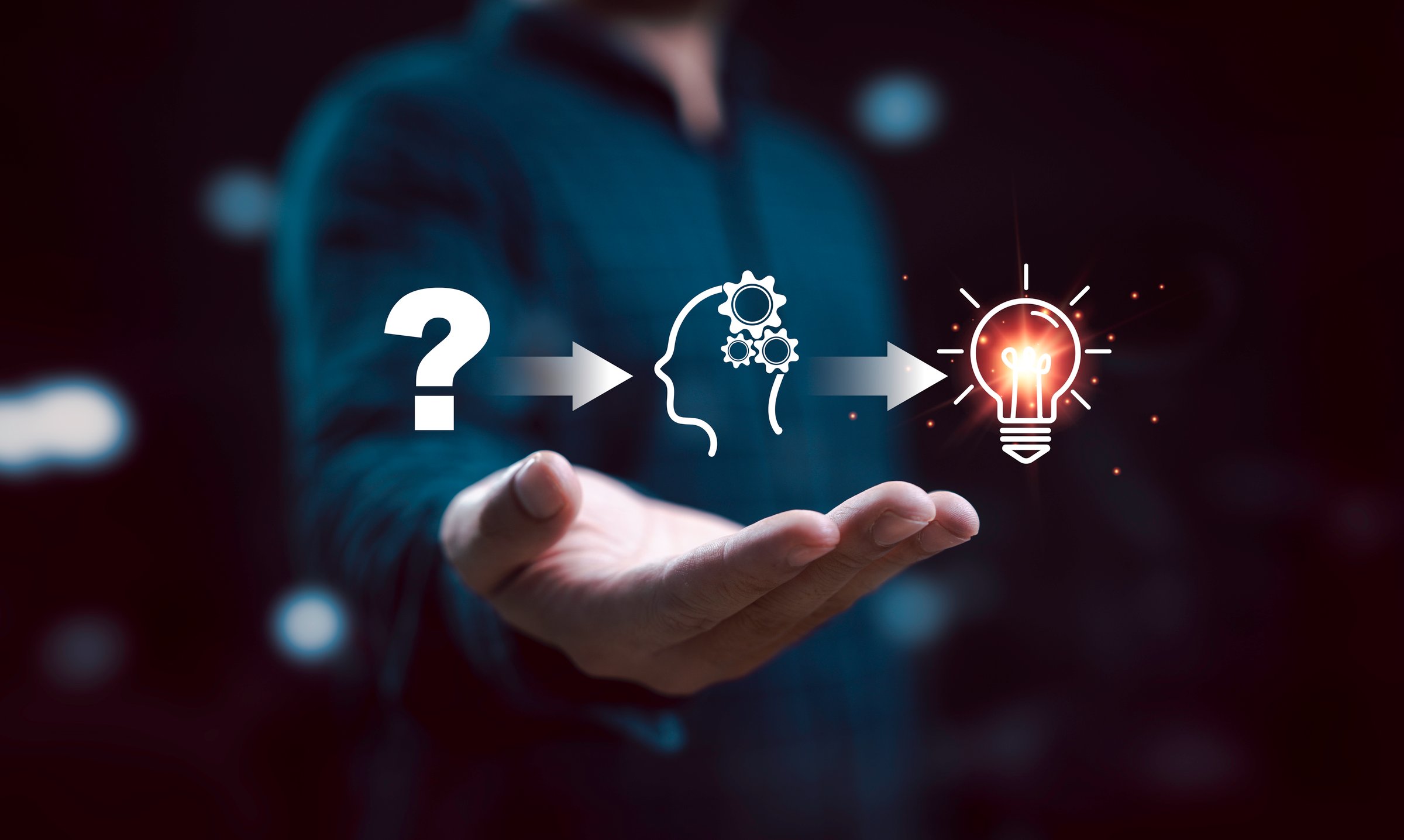 Businessman holding illustration from questioning to understanding and finally achieving an idea. It symbolizes the process of thought and innovation, highlighting creativity and problem-solving.