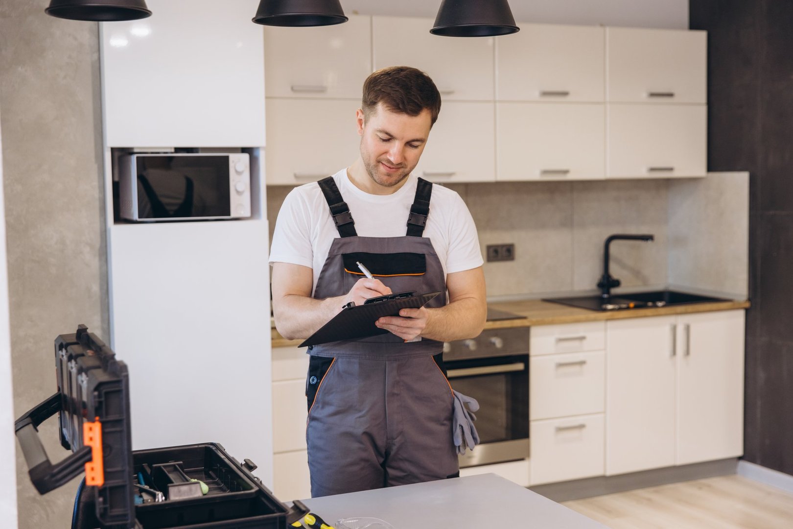 Plumber taking notes on clipboard, standing in kitchen with toolbox, providing maintenance or repair service