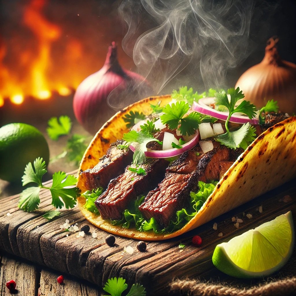 Grilled beef taco with lettuce, red onions, cilantro, and lime on a wooden board, with a warm, fiery background.
