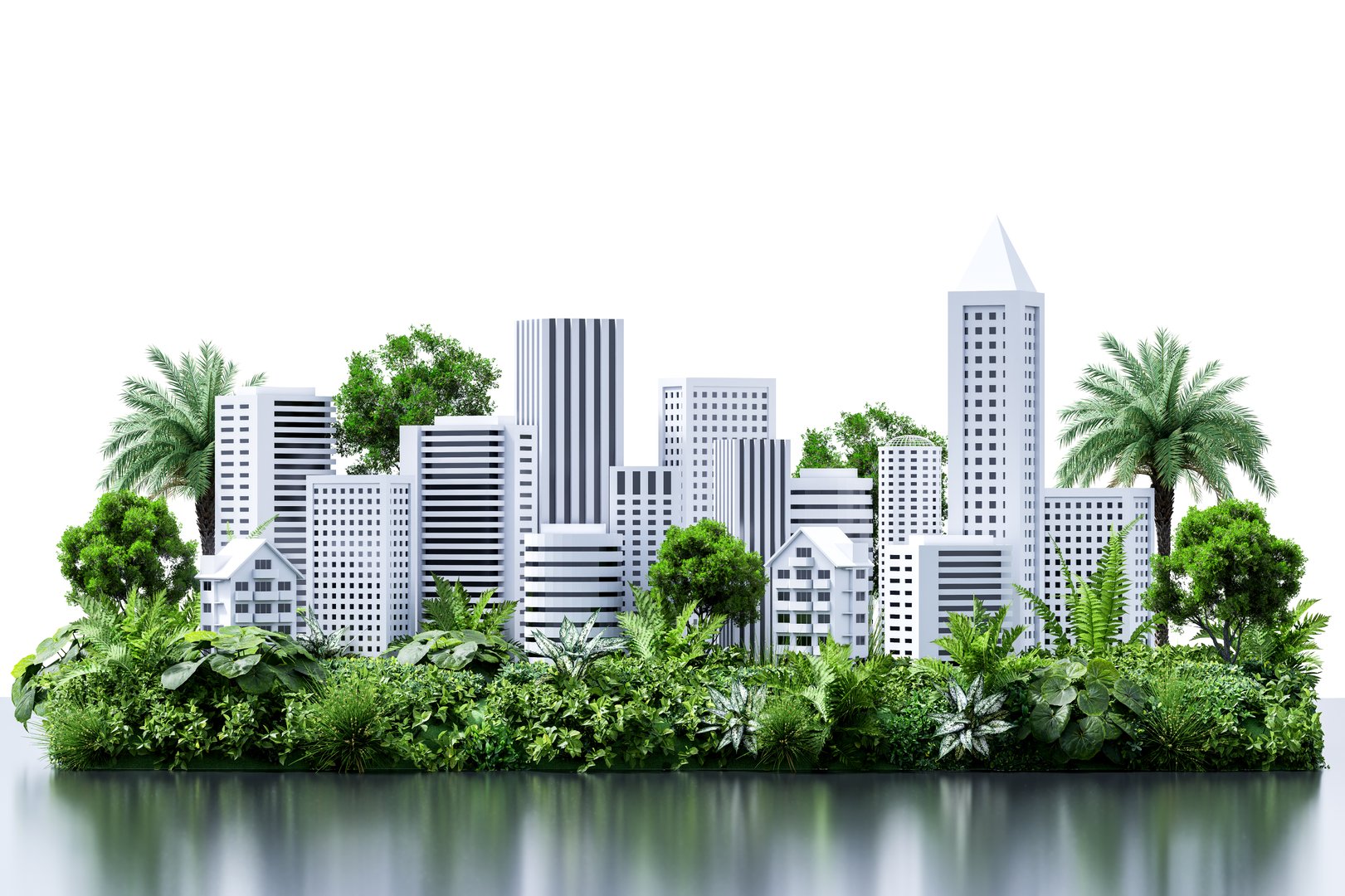 3d render of a futuristic green cityscape blending modern architecture with lush nature, illustrating sustainable urban development and eco-friendly living isolated on white background