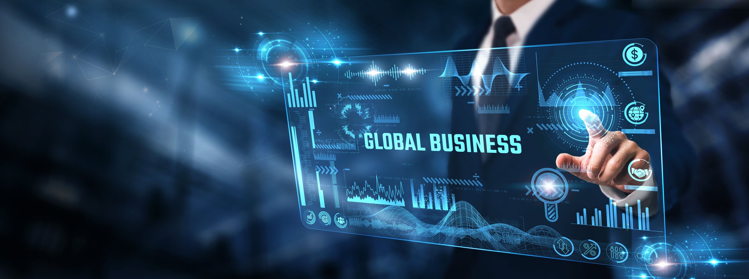 Global Business: Businessman analyzing digital screen of graph data and international markets, economic trends, trade analytics, cross-border investments, global strategy.