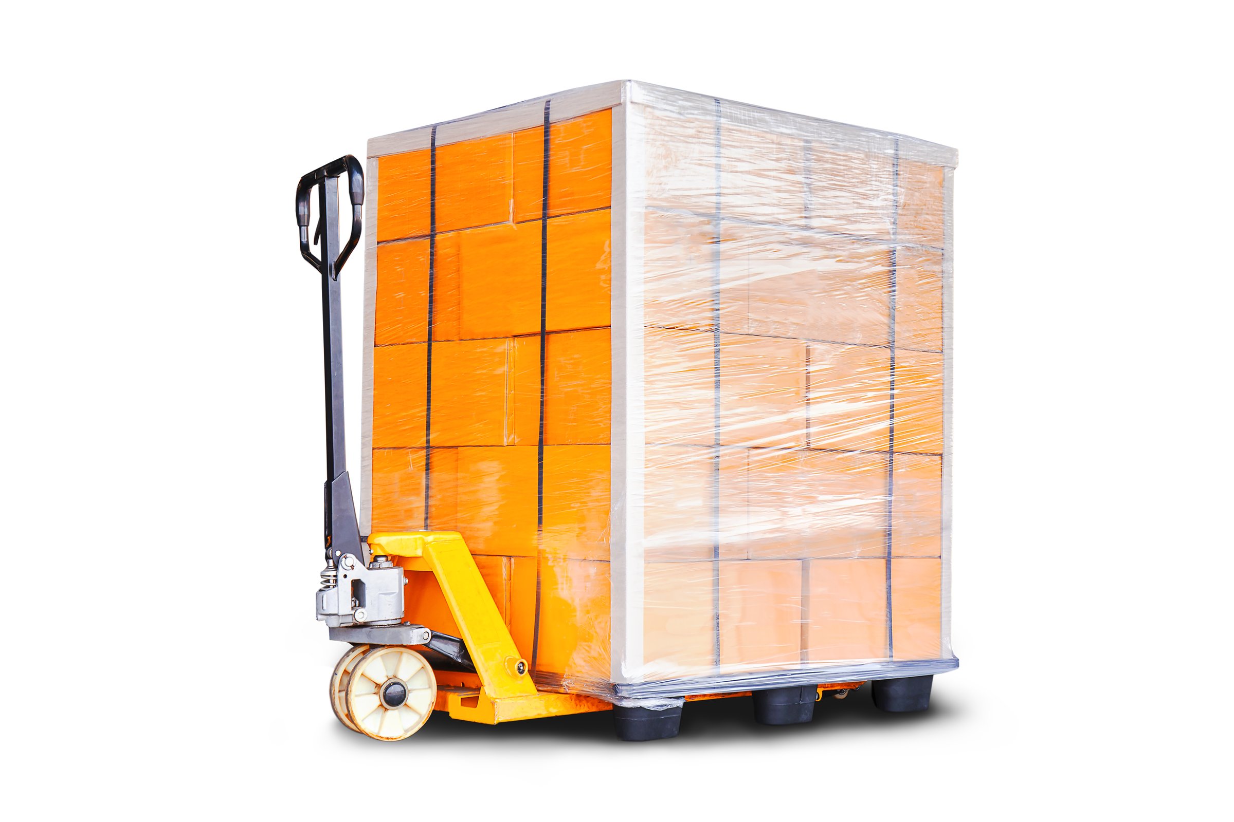 Package Boxes Wrappred Plastic on Pallet and Hand Pallet Truck on White. Cartons, Cardboard Boxes. Forklift Pallet Jack Loader. Supply Chain, Supplies Shipment. Shipping Warehouse Logistics.