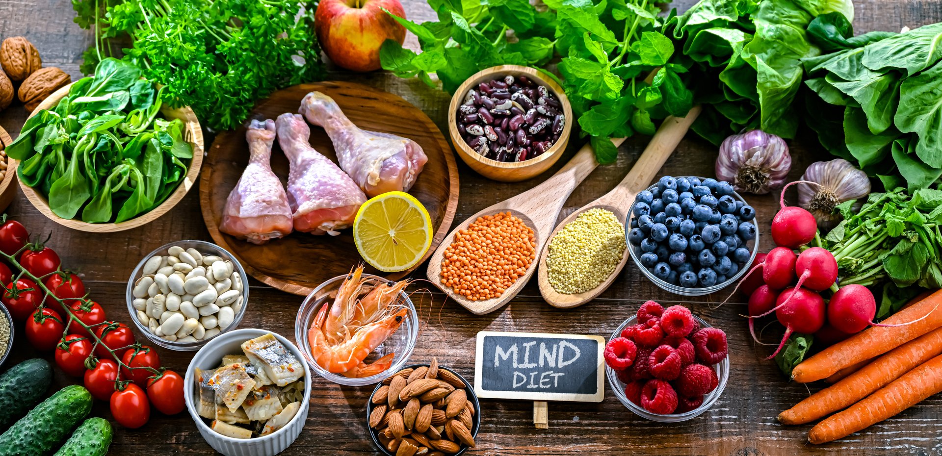 Food products representing the MIND diet created to reduce dementia and the decline in brain health. Mediterranean-DASH Intervention for Neurodegenerative Delay
