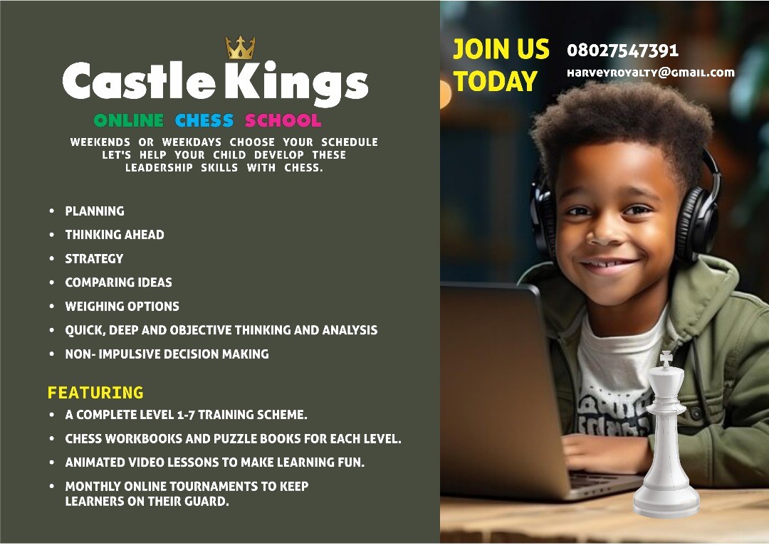 Flyer for Castle Kings online chess school with a smiling child, laptop, and chess details including courses and contact info.