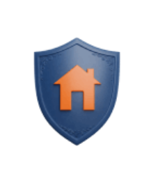 Blue shield with an orange house icon in the center, representing home security or protection concept.