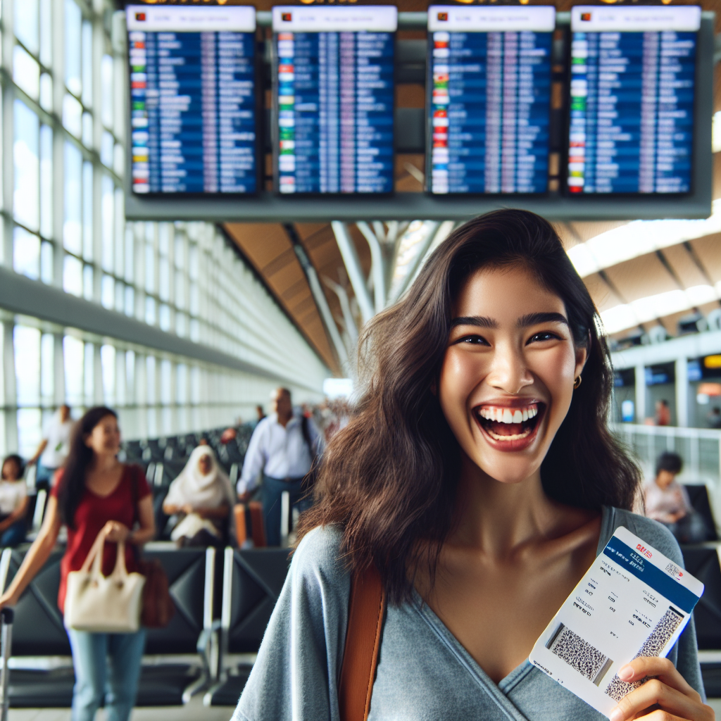 Smiling woman holding a boarding pass at an airport, with departure screens and travelers in the background.
