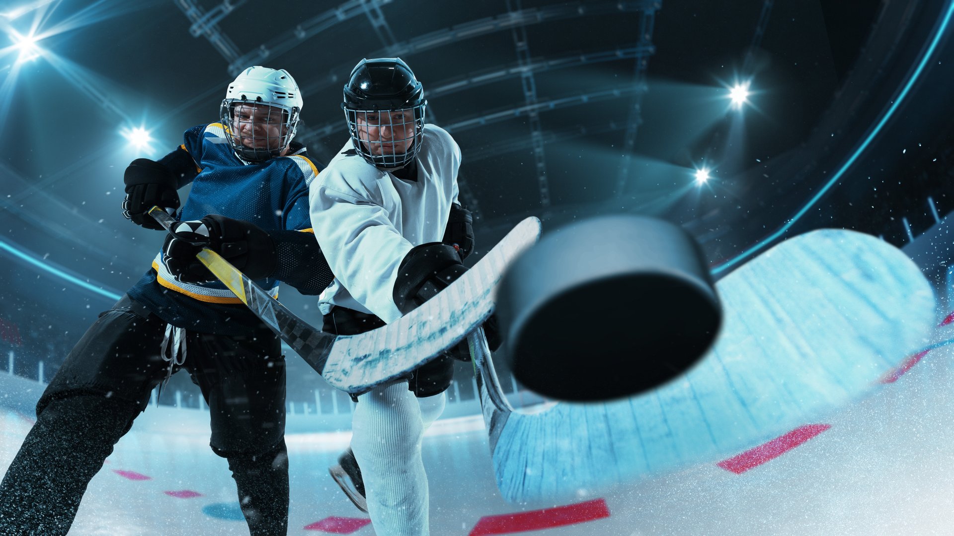 Two ice hockey players battling for puck control, showcasing intensity and focus in motion on 3D ice rink. Concept of competitive gaming, winter sports and strategic play