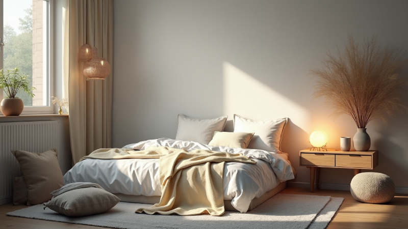 Bright bedroom interior decor with natural textures and a large vase with a plant.