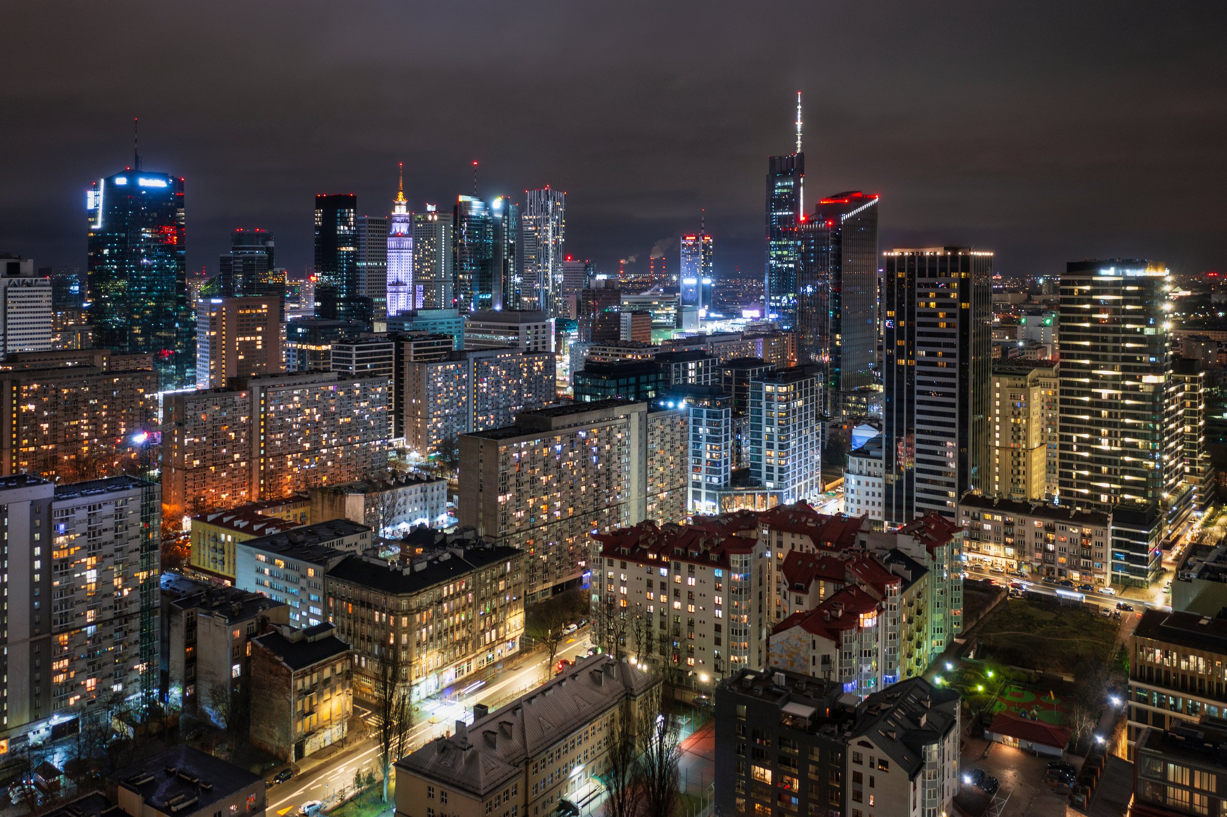 Amazing cityscape of Warszawa at night, capital city of Poland.
