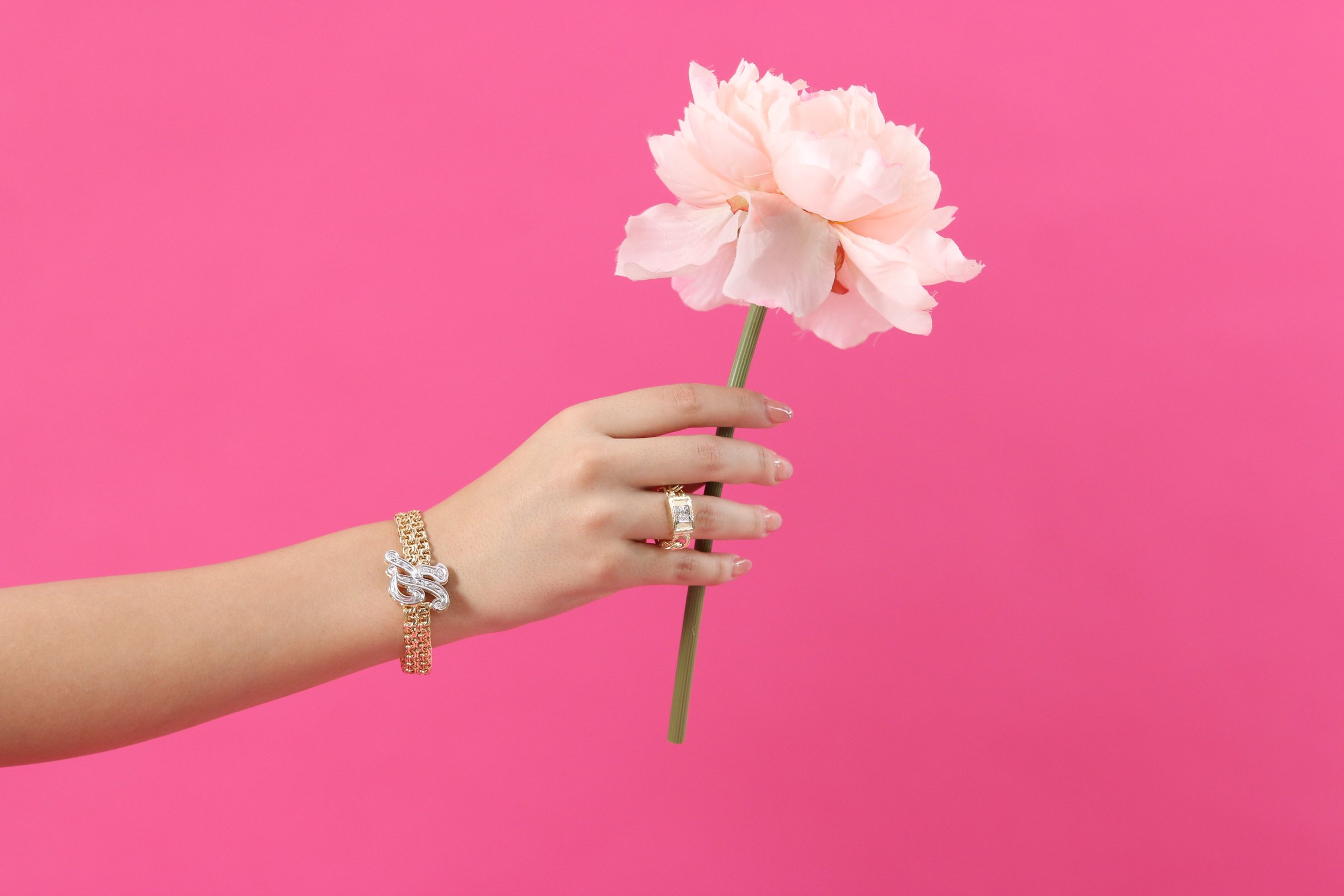 Hand holding a pink peony against a pink background, wearing a gold bracelet and silver ring.