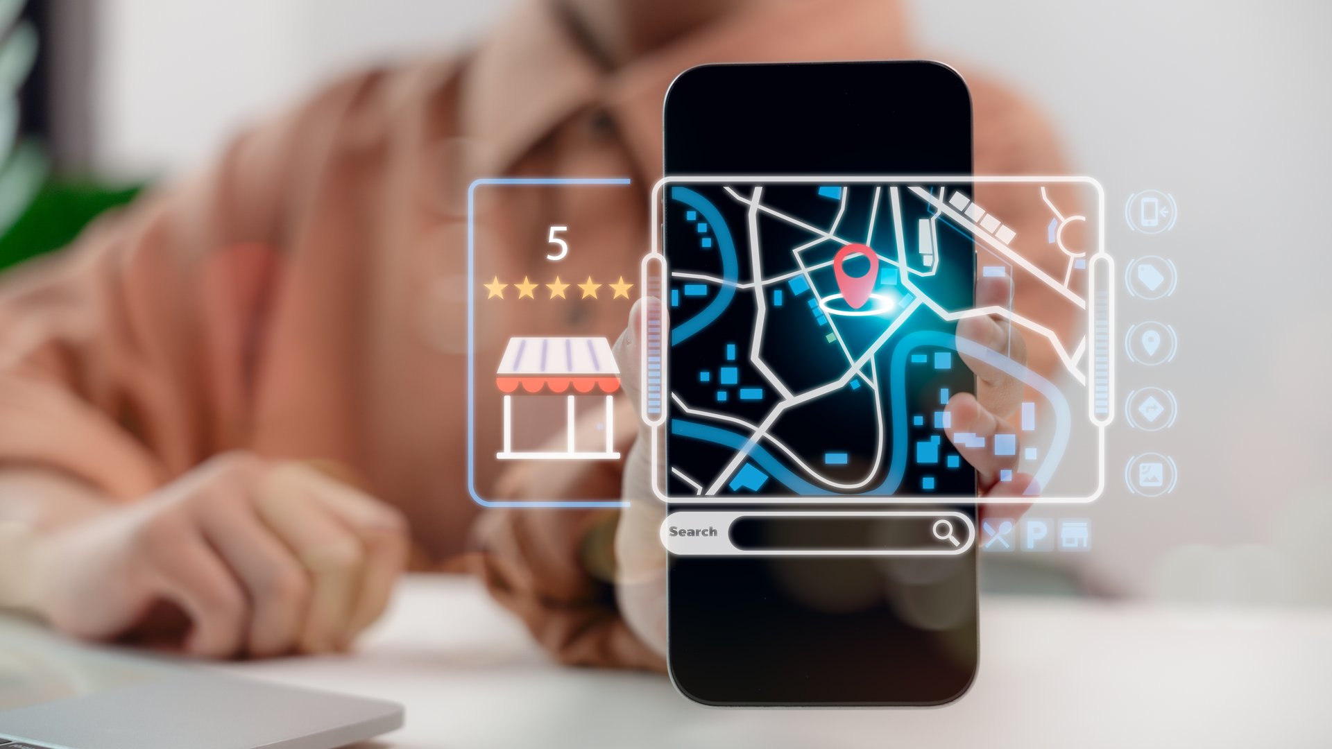 Hand holding smartphone with virtual map and location pin, showing smart local business search, five-star rating, and digital navigation concept for local SEO and marketing strategy.