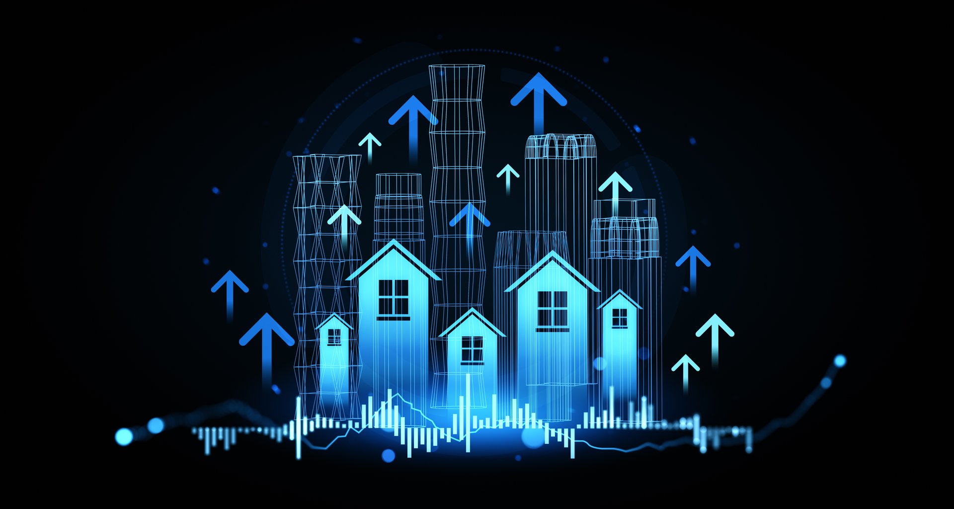 Futuristic wireframe houses and skyscrapers with upward arrows and glowing chart on dark blur background, concept of real estate market growth, 3D Rendering