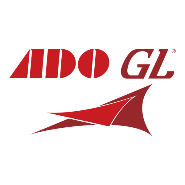 Red logo with stylized letters "ADO GL" and a dynamic red swoosh design below on a white background.