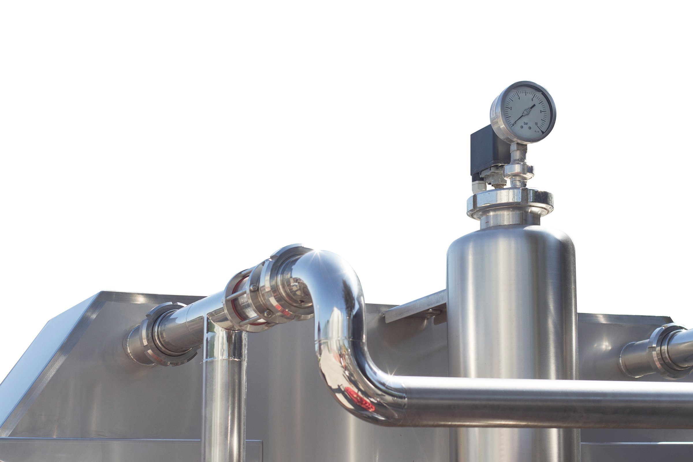 front view closeup of chrome pressure dial on aluminum pipes isolated on white backgrounds