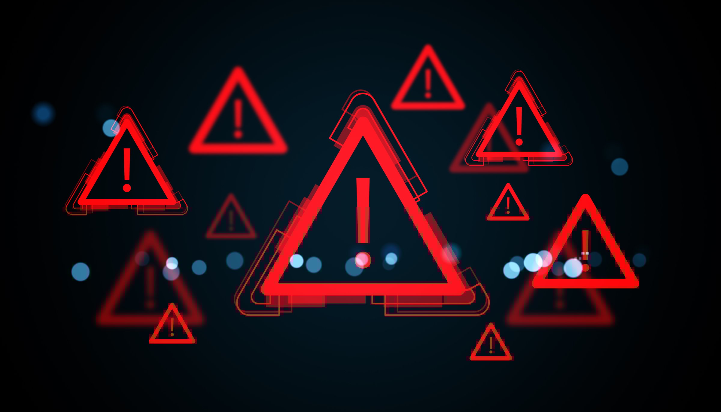 Red exclamation mark warning icons in a triangular shape, digital hologram style, on a dark virtual background with light particles, cyber alert concept. 3D Rendering.