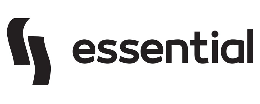 Logo with the word essential in lowercase and stylized design elements on the left.