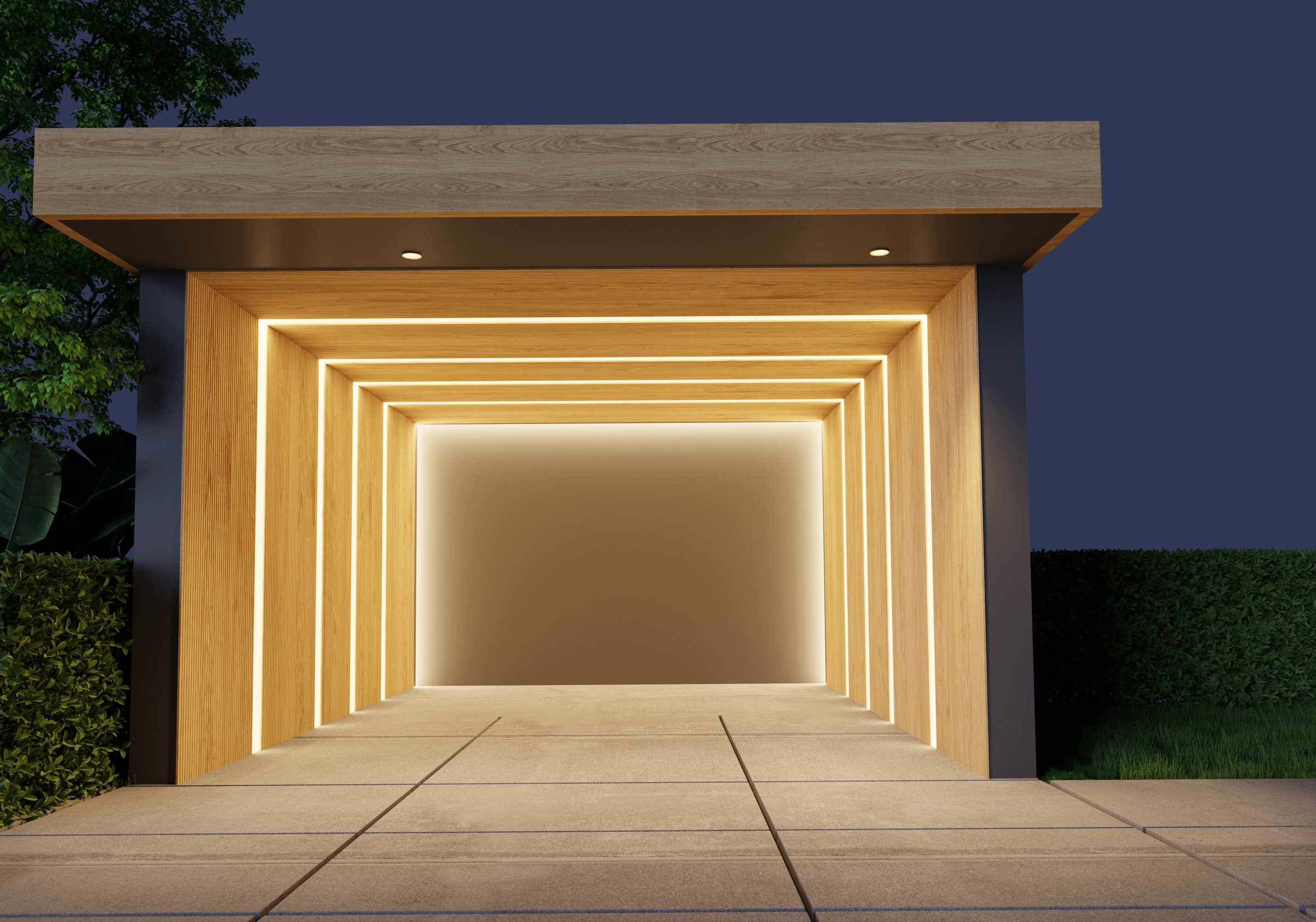 3D architectural rendering of the front entrance of the car park, decorated with modern wooden latticework and warm LED lights at night. Simple design, simple shape and contemporary exterior style.