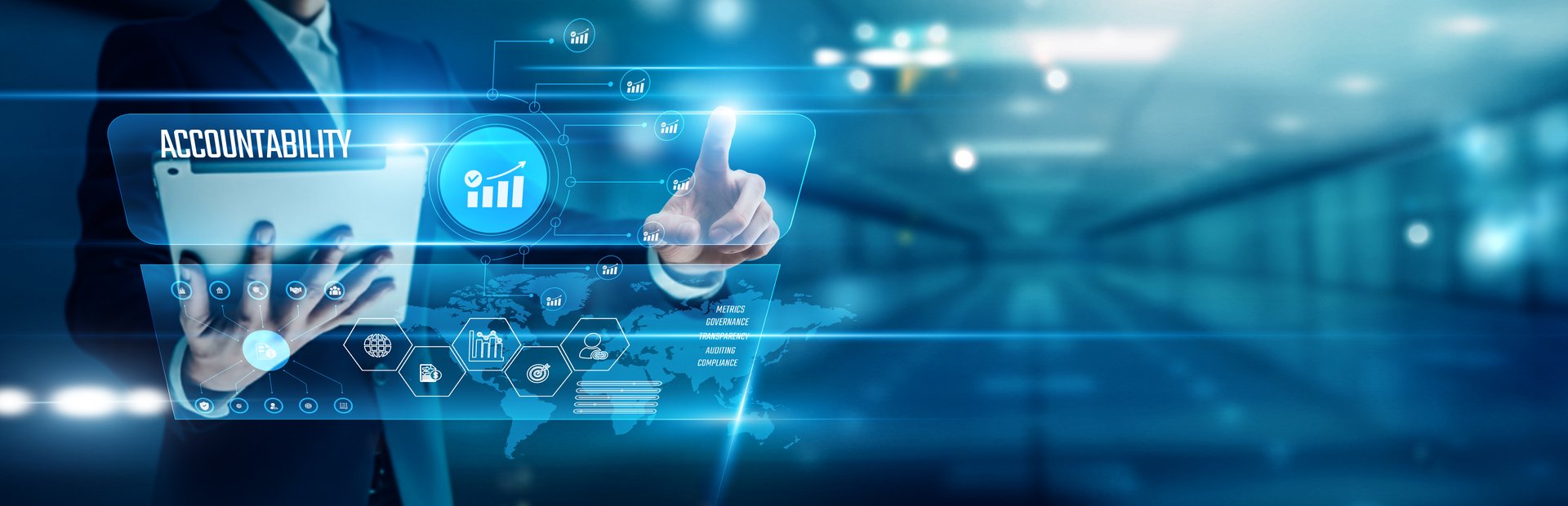 Businessman analyzing global networks corporate transparency, ethical practices, compliance frameworks, performance tracking, stakeholder reporting, risk mitigation, governance optimization