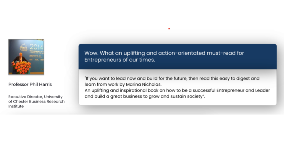 Book endorsement by Professor Phil Harris highlights its entrepreneurial insights and inspirational guidance.
