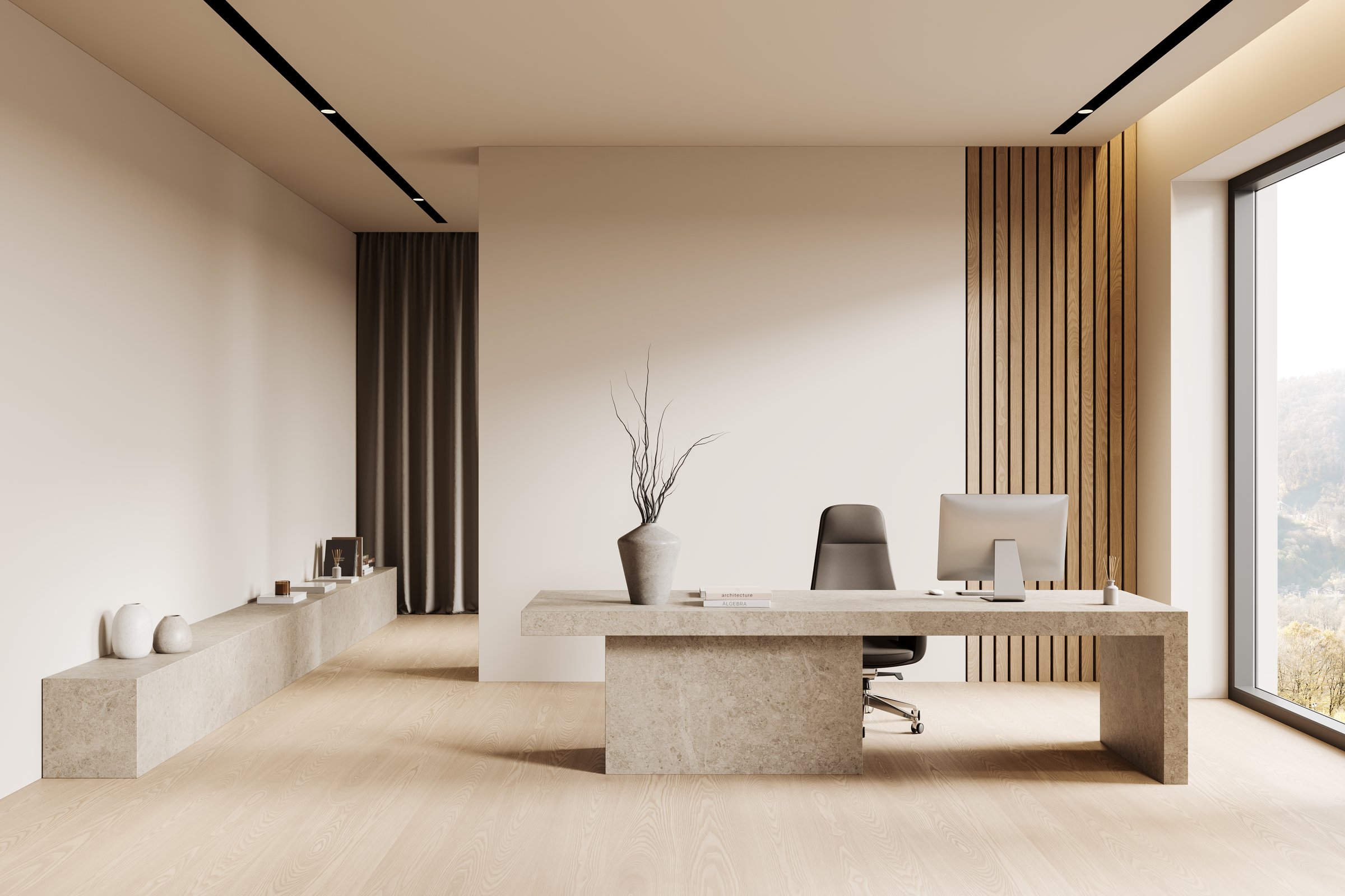 Beige office interior with pc computer on stone desk, armchair on hardwood floor. Stylish business room with workspace and shelf with decoration. Panoramic window on countryside. 3D rendering